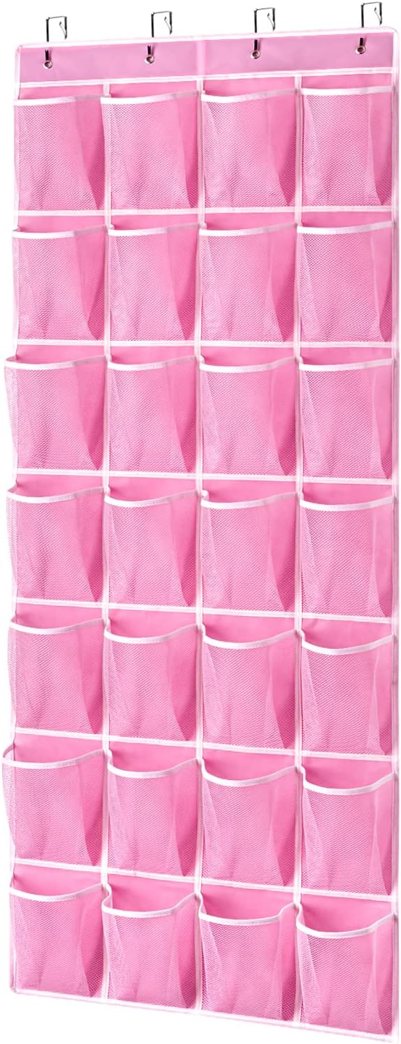 KEEPJOY 28 Pockets Hanging Shoe Organizer, Over the Door Shoe Organizer, Hanging Door Shoe Holder Rack with Mesh Pockets Large Size 65 x 23 Inch (Pink-1Pack)-NeatNest