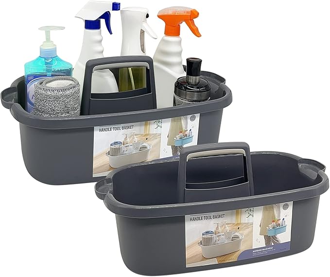 2-Pack Multi-Purpose Plastic Cleaning Caddy with Handle, Shower Caddy Organizer - Storage Basket/Totes Portable for Bathroom Supplies, Cleaning Products, Under Sink Tool. (Gray)-NeatNest