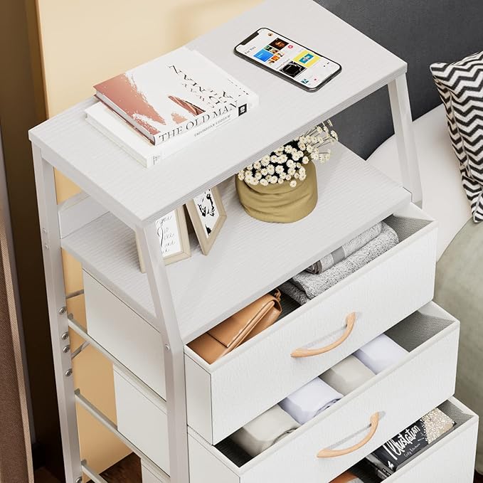 Furnulem White Dresser with 5 Drawers, Vertical Storage Tower Fabric Dresser for Bedroom, Hallway, Entryway, Nursery, Closet Organizer, Nightstand Bedside Table Furniture, Sturdy Steel Frame, Wood Top-NeatNest
