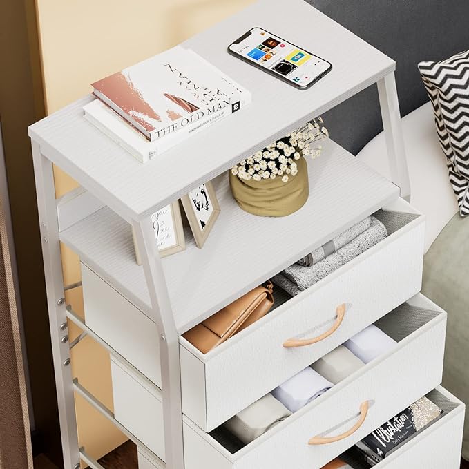 Furnulem Tall 4 Drawers Dresser, Vertical Storage Tower for Bedroom, Hallway, Entryway, Nursery, Closet Organizer, Nightstand Bedside Table Furniture, Sturdy Steel Frame, Wood Top, White-NeatNest