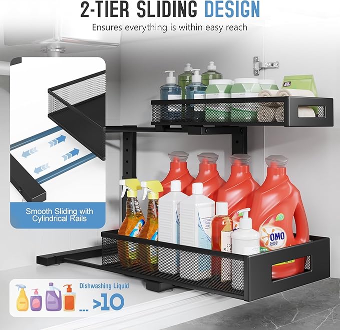 1 Pack-11.4"-16.14"H Under Sink Storage Organizer, Large 2-Tier Elegant Mesh Pull Out Shelf for Kitchen and Bathroom Cabinet Organization, L-Shaped and Adjustable Height Design for Maximum Space-Black-NeatNest