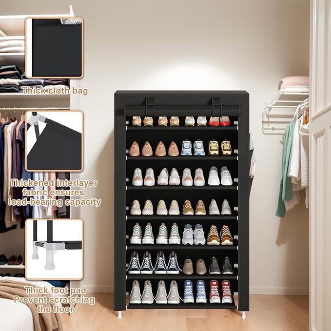 Laiensia 7-Tier Vertical Shoe Rack Organizer, Space Saving Shoe Storage Organizer, Non-Woven Cover Shoe Shelf Holds 28-35Pairs for Bedroom, Hallway, Closet Entryway, Black-NeatNest