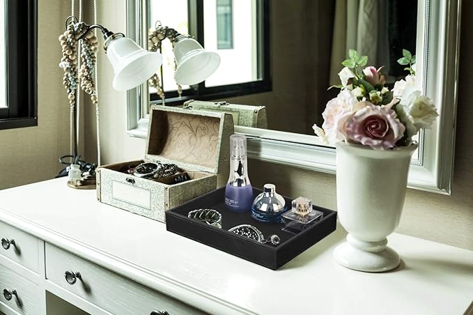 HofferRuffer Faux Leather Vanity Tray, Elegant Desktop Storage Organizer, Decorative Catchall for Perfume, Bathroom Valet, Nightstand or Dresser, Black, 10.2 x 8.4 x 1.8 Inches-NeatNest