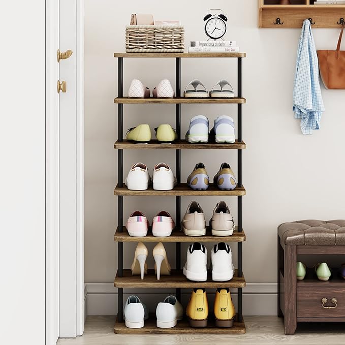 AZERPIAN Shoe Rack 7 Tier Vertical Storage Organizer Double Row Narrow Metal Slim Shelf Modern Free Standing Shoe Tower Saving Space for Closet Entryway Bedroom,Black+Rustic Brown-NeatNest