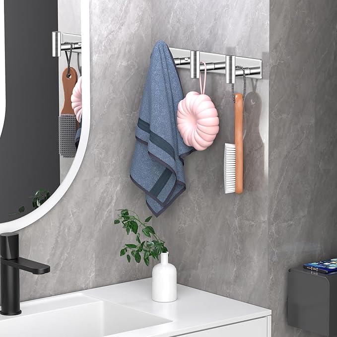 Wall Mounted Coat Rack-3 Hooks, Heavy Duty Stainless Steel Hook Rail for Towel Coat Hat Purse Bag Jacket, Towel Hooks for Entryway Bathroom Kitchen (Silvery 3 Hooks - 1 Pack)-NeatNest