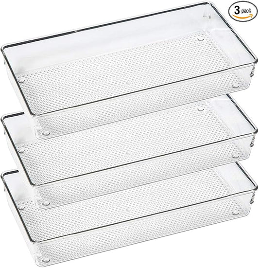 ihomecooker 3 Pack Clear Plastic Drawer Organizer Tray Cutlery Utensil Makeups Drawer Organizers 12" X 6"-NeatNest