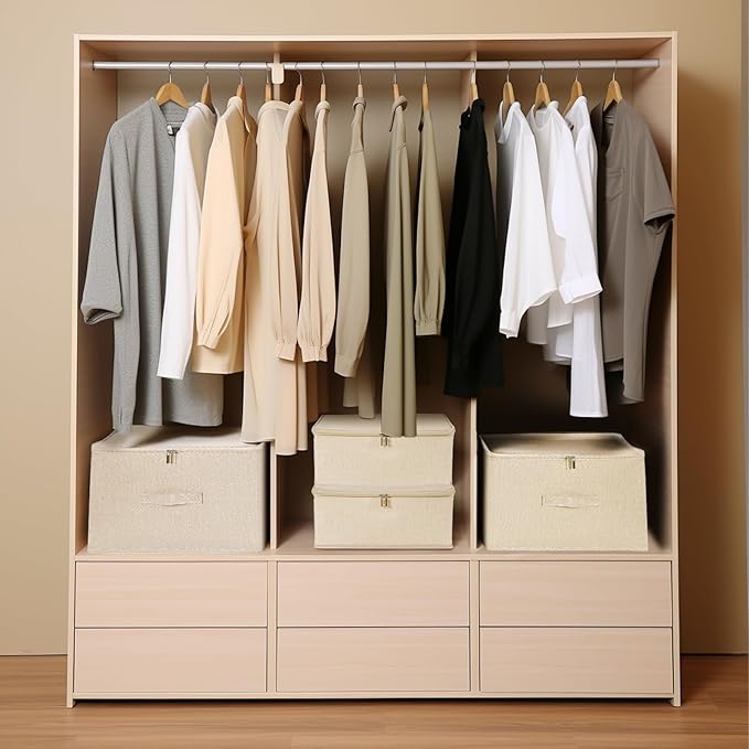 ANMINY Storage Bins with Zipper Lids 51.9 Qt Lidded Fabric Storage Boxes Baskets Cubes with Handles Collapsible Washable Cotton Linen Closet Shelf Clothes Organizer - Beige, Extra Large-NeatNest