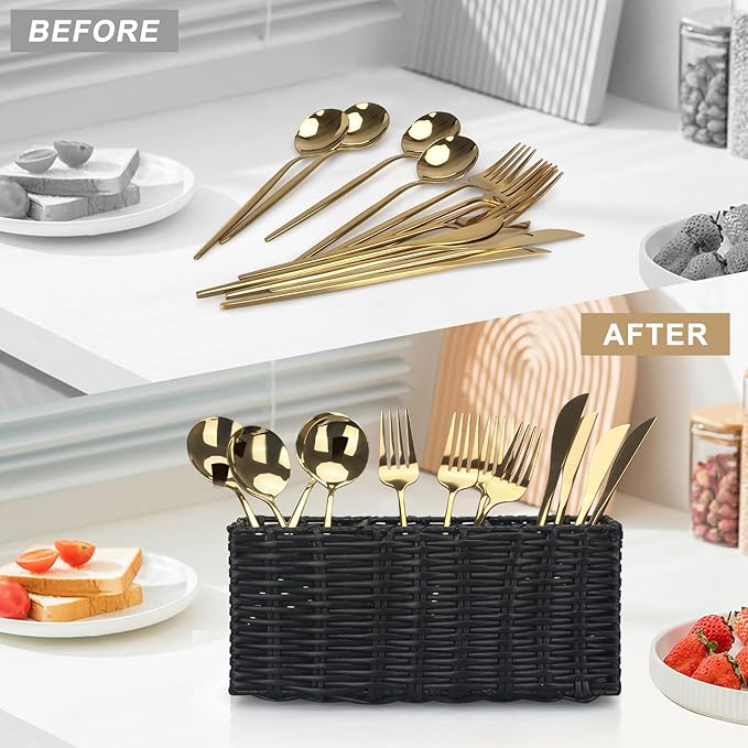 Ayiaren Wicker Silverware Cutlery Holder Black Flatware Utensil Caddy Best Silverwares Organizer Storage for Countertop Party Kitchen Utensils Holder Flatware Silverware Caddy Spoon and Fork Holders-NeatNest