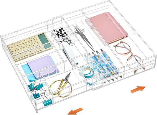 Acrylic Drawer Organizer Clear Desk Drawer Organizer Trays with Adjustable Compartments Desk Accessories for Office Stationery Makeup Silverware Bathroom(Expandable)