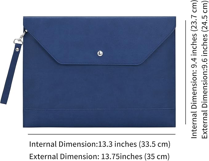 Wonderpool Envelope Case A4 PU Leather File Jacket Pocket Folder Document Case Bag with Removable Hand Strap and 4 Pocket for Documents Tablet Phone Stationery (Dark Blue)