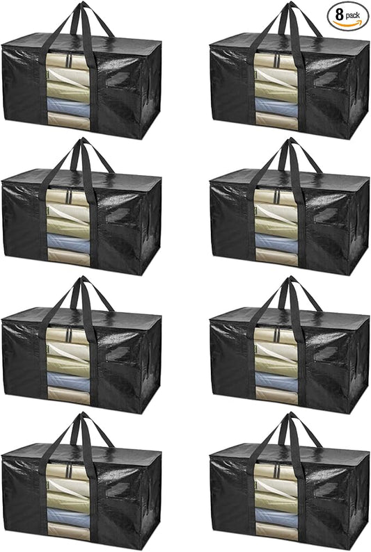 BALEINE 8-Pack Oversized Moving Bags with Reinforced Handles, Heavy-Duty Storage Tote Moving Supplies for Packaging, Camping (Black w/Window, 8-Pack)-NeatNest
