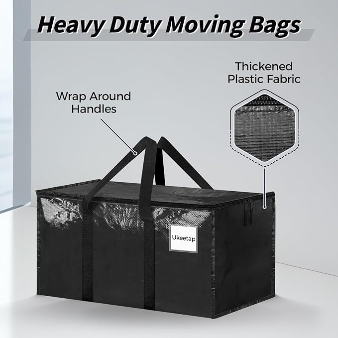 16 Pack Extra Large Heavy Duty Moving Bags, Black Storage Bins with Lids, Reinforced Handles & Heavy-Duty Zippers Moving Boxes Storage Bags Totes for Clothes Packing, Dorms, College Supplies, Black
