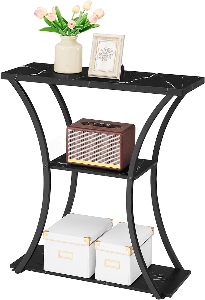 Hoctieon 3 Tier Console Table with Open Wood Shelves, Decorative Entryway Table with Curved Metal Frames, Narrow Sofa Table for Entrance, Living Room, Hallway, Black Marbled-NeatNest