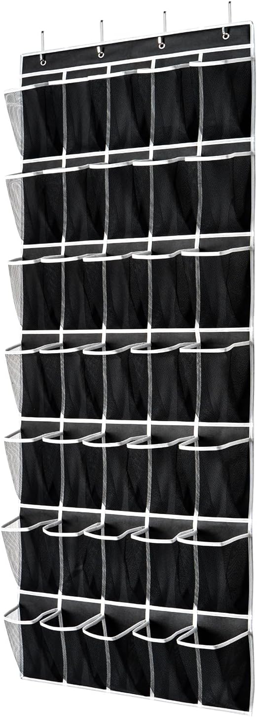35 Pockets Over the Door Shoe Organizer, Hanging Shoe Organizer for Door with 35 Mesh Pockets Large Capacity Shoe Hanging Storage Bag with 4 Metal Hooks (Black-1Pack)-NeatNest