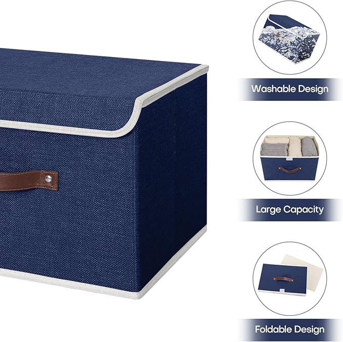 ANMINY 2PCS Storage Bins with Lid PU Leather Handles Storage Boxes PP Plastic Board Decorative Foldable Lidded Cotton Linen Fabric Home Cubes Baskets Closet Organizer Containers - Blue, Large Size-NeatNest
