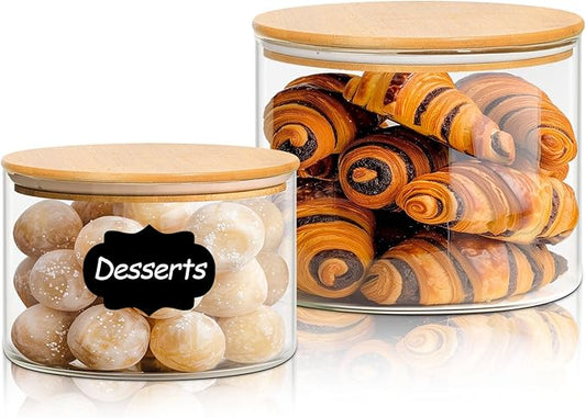 ComSaf Glass Food Storage Containers, 3.2Qt / 1.4Qt Glass Flour and Sugar Containers with Airtight Lids, 7.1'' Wide Mouth Large Glass Jars with Bamboo Lid for Rice, Pasta, Oats, Grains, Cookie, Candy-NeatNest