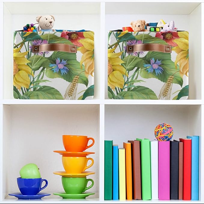 Floral Flower Sunflower Poppy Storage Bin Canvas Toys Storage Basket Bin Large Storage Cube Box Collapsible with Handles for Home Office Bedroom Closet Shelves,1 pc-NeatNest