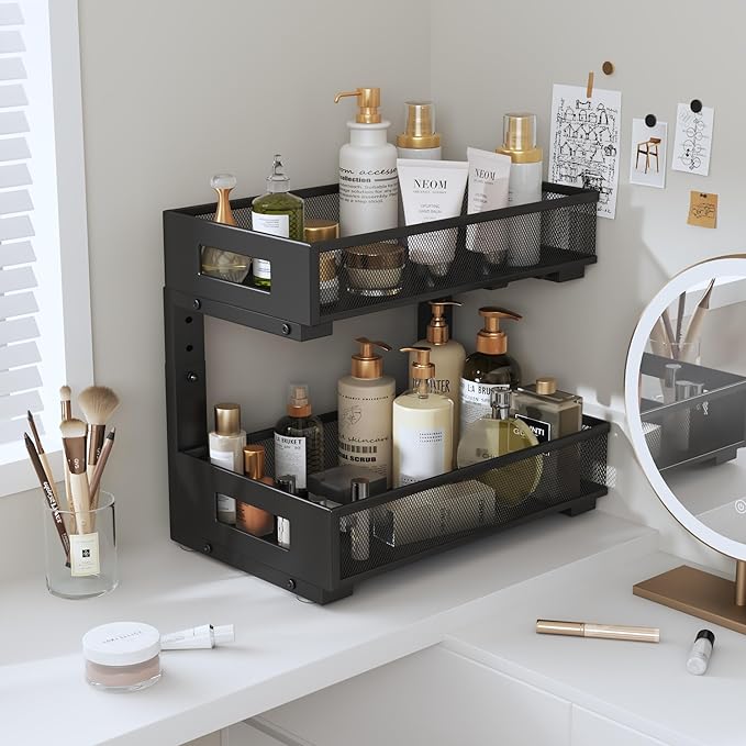 2-Pack Under Sink Organizers And Storage,Large Capacity 2-Tier Pull-Out Cabinet Organizer With Upgraded Tube Rails,Adjustable Height Sliding Drawers,Sturdy Mesh Shelves For Kitchen&Bathroom-Black-NeatNest