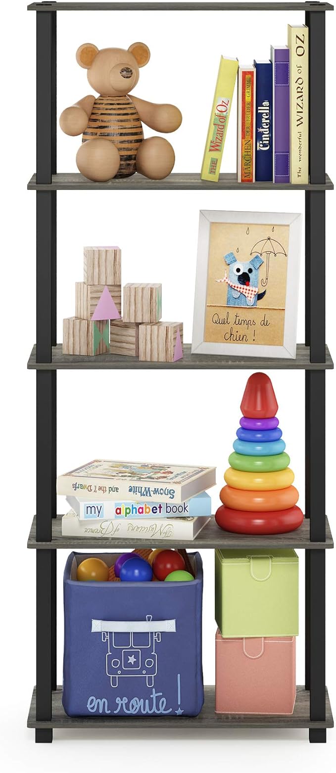 Furinno Turn-N-Tube 5-Tier Multipurpose Shelf / Display Rack / Storage Shelf / Bookshelf, Square Tubes, French Oak Grey/Black-NeatNest