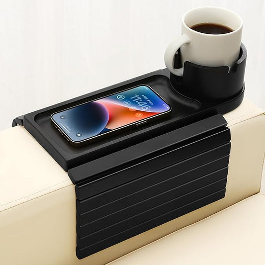 Couch Cup Holder Tray, 15.75" Bamboo Cup Holder for Couch, 3 in 1 Foldable Arm Chair Clip on Side Tray Table for Remote Snack Table on Armrest-NeatNest