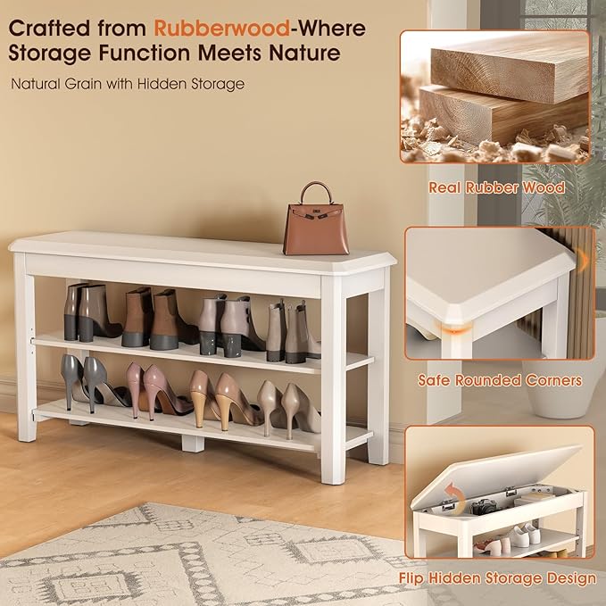 Shoe Rack Bench Seat Rubberwood 2-Tier Wooden Storage Bench 550lbs Compact Mid-Century Modern Design for Entryway, Hallway, Closet, Front Door Entrance, Foyer-NeatNest