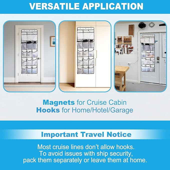 Cruise Magnetic Door Organizer with Hooks – 15 Large Pockets, Strong Anti-Scratch Magnets, Over-the-Door Cruise Essentials Storage for Cruise Cabins-NeatNest