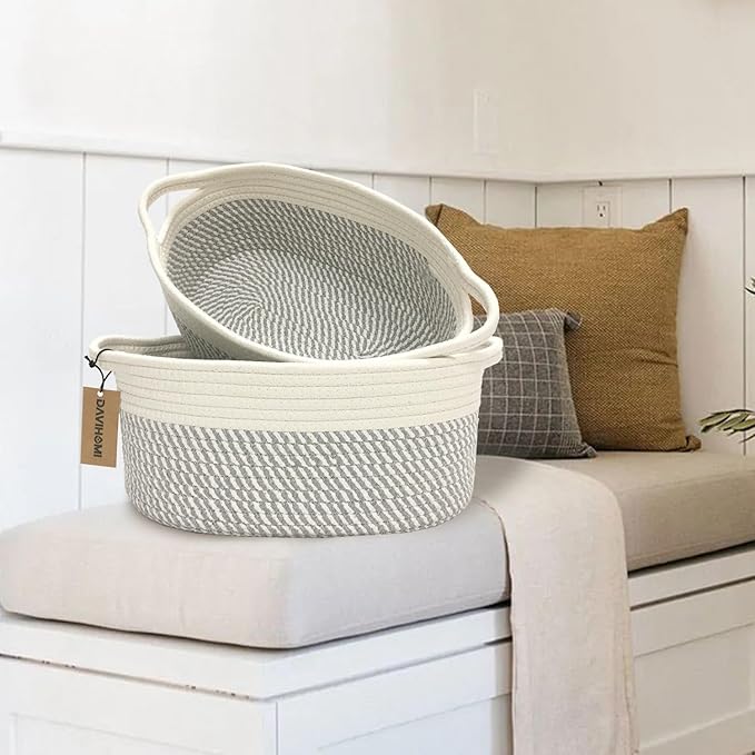 2PACK Medium Oval Decorative Storage Basket Set for Organizing|Nursery, Bedroom, Gift (White Grey)