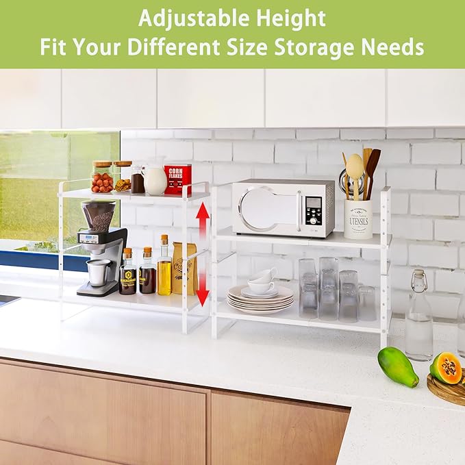 Expandable Cabinet Shelf Organizer Rack, Stackable Kitchen Counter Storage Shelves Stand, Adjustable Height Pantry Shelf Spice Rack (White, 1 Pack)-NeatNest