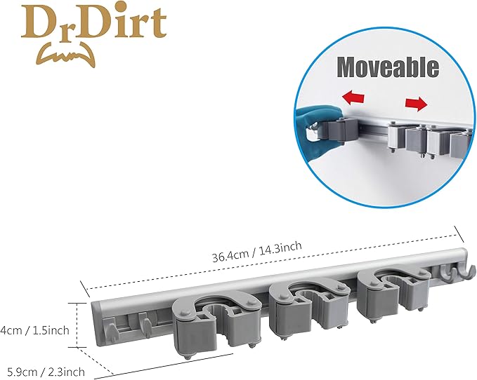 DrDirt Broom Holder Wall Mount, Durable Aluminum Mop and Broom Holder with 3 Sliding Grippers & 4 Hooks, DIY Modular Design, Strong for Home, Courtyard, Bathroom, Garage, Closet-NeatNest