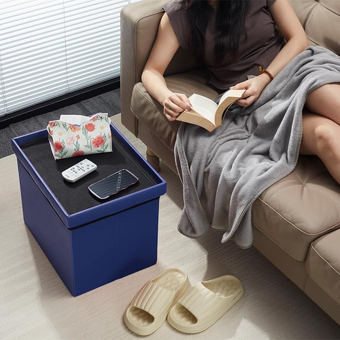 AmasSmile Storage Ottoman Folding Foot Rest Stool, Leather Footstool Bench, Short Ottoman Stool, Storage Foot Rest Store, Books (Blue-2pc, 17" D x 13" W x 13" H)-NeatNest