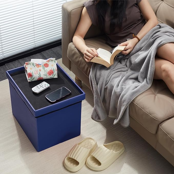 AmasSmile Storage Ottoman Folding Foot Rest Stool, Leather Footstool Bench, Short Ottoman Stool, Storage Foot Rest Store, Books (Blue, 17" D x 13" W x 13" H)-NeatNest