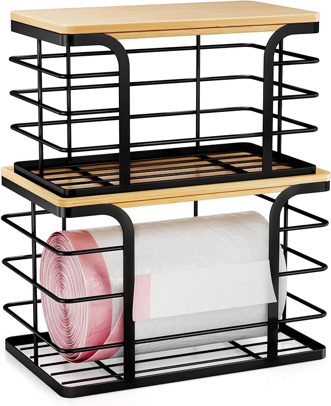 2 Pack Trash Bag Holder,Wall Mount Garbage Bag Dispenser with Bamboo Top,Stackable Storage for Kitchen Pantry Laundry Organization,Black Large and Small-NeatNest
