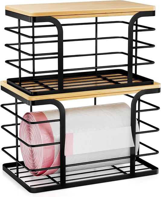2 Pack Trash Bag Holder,Wall Mount Garbage Bag Dispenser with Bamboo Top,Stackable Storage for Kitchen Pantry Laundry Organization,Black Large and Small-NeatNest