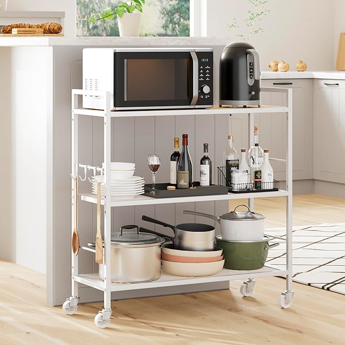 3-Tier Metal Storage Rack with Industrial Wheels,Mesh Shelving Unit with Wooden Table top,Adjustable Shelf,31.5-Inch Width, for Kitchen, Laundry,Pantry,Plant,Oak panel and white frame