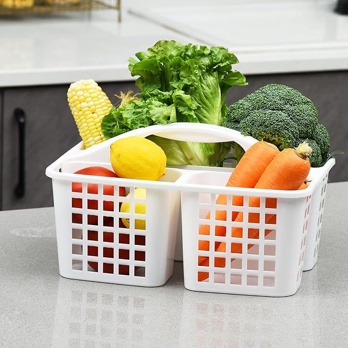 3 Compartments Plastic Shower Caddy Basket, Portable Divided Cleaning Supply Storage Organizer with Handle (White)-NeatNest