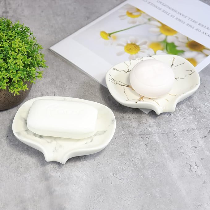 Ceramic Marble Texture Soap Dish, Self Draining Slot, Portable for Shower, Bathroom & Kitchen Sink-NeatNest