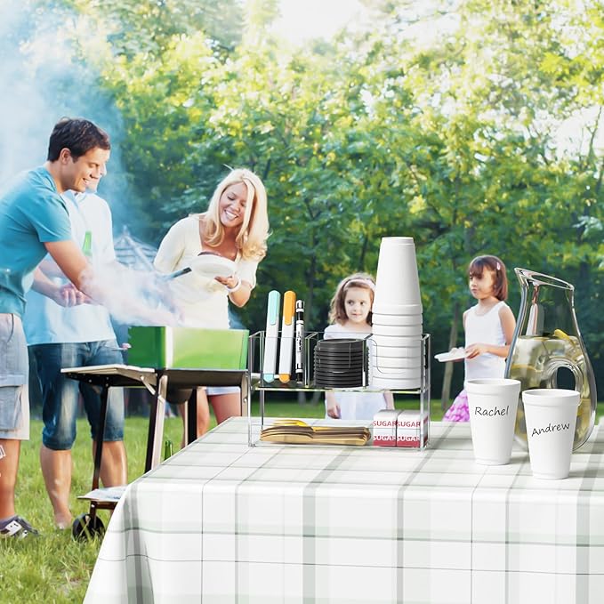 Coffee Condiment and Cup Organizer - 2-Tier Upright Cup and Lid Holder with Straw Organizer 4 Compartments Clear Acrylic Cup Dispenser for Restaurant Breakroom Coffee Station Countertop-NeatNest