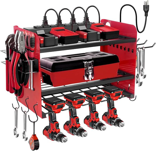 Garden Power Tool Organizer, Heavy Duty Tools Storage Rack Wall Mount with Charging Station, 3 Layers Yard Tool Shelf Drill Holder for Ryobi Tools - Ideal for Garage, Workshop