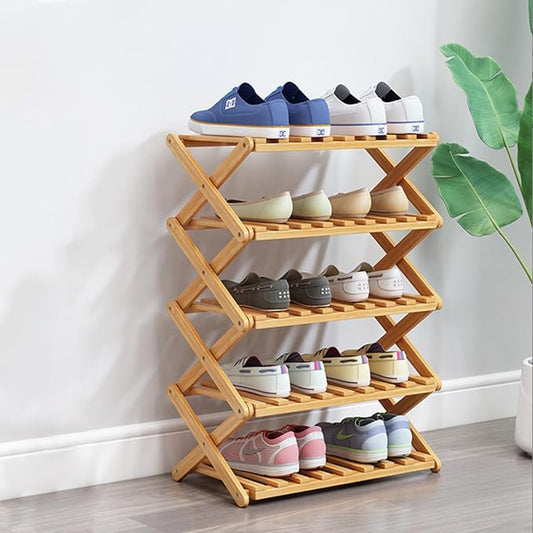 5 Tier Bamboo Shoe Rack,Portable Folding Shoe Storage Rack,Without Installation Small Shoe Rack Perfect for Corridors, Bedrooms and Small Spaces (5 Tier)-NeatNest