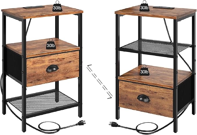 Nightstands Set of 2, Night Stands with Charging Station and Fabric Drawer, Bedside Tables with Storage, 2- Tier Side Table with Open Shelf, Nightstands with Charging Station,Rustic Brown
