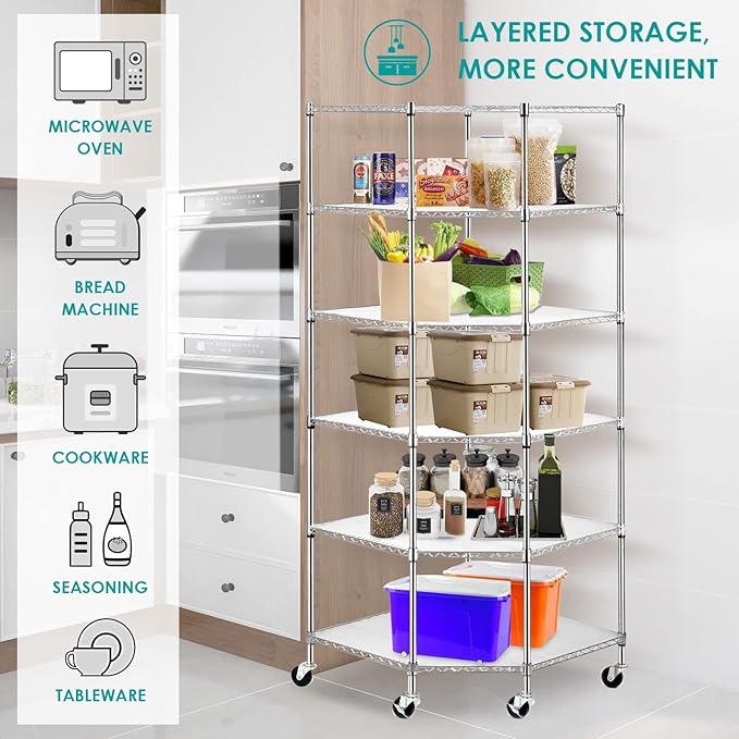 BNSPLY 6 Tier Corner Wire Shelving Unit, Adjustable Metal Storage Rack, Mobile Corner Wire Shelves for Kitchen, Laundry, Bathroom, Pantry, Closet Organization (26.7" D x 26.7" W x 71" H, Chrome)-NeatNest