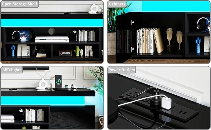 72" Modern TV Stand with LED Lights and Power Outlet for TVs Up to 80 inch, High Gloss Finish Entertainment Center, TV Console Cabinet with Storage for Living Room, Black-NeatNest