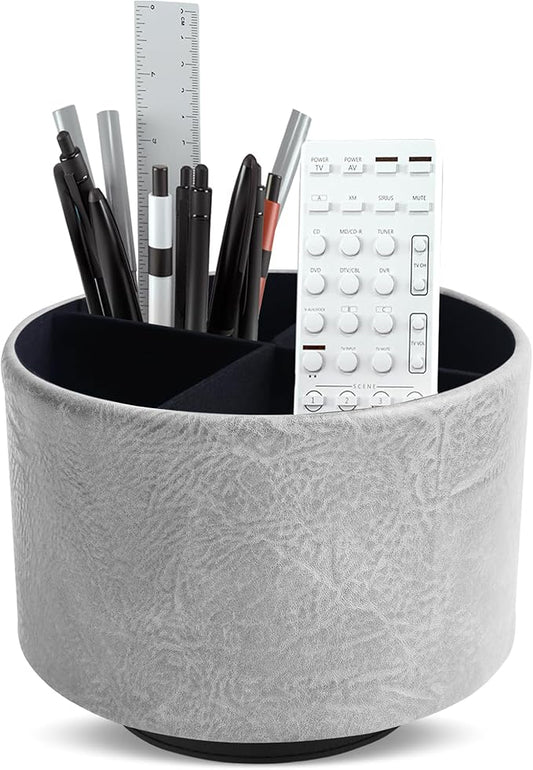 Hennaja Round Leather Art Supply Organizer,Remote Control Holder,360 Degree Spinning,Multi-Functional Pencil Holder,4 Compartments Desktop Stationary Organizer(1-Crazy Blue)-NeatNest