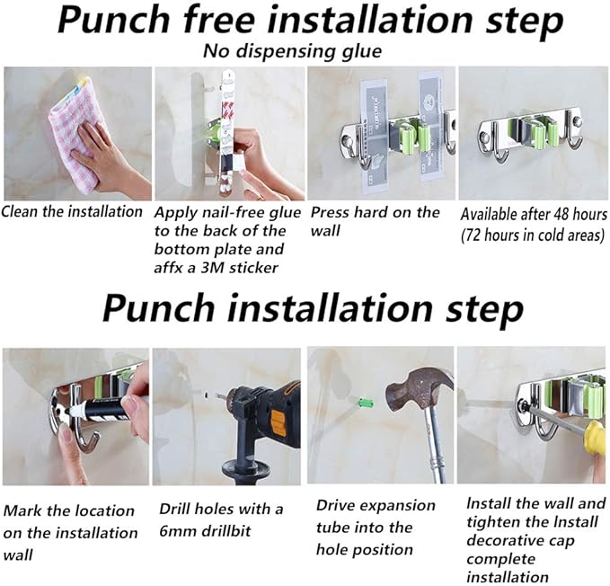 DGSL 1 PCS Broom Holder Wall Mount with 3 Racks 4 Hooks, Stainless Steel Wall Mounted Organizer Mop and Broom Storage Tool Rack for Home Kitchen Garden-NeatNest