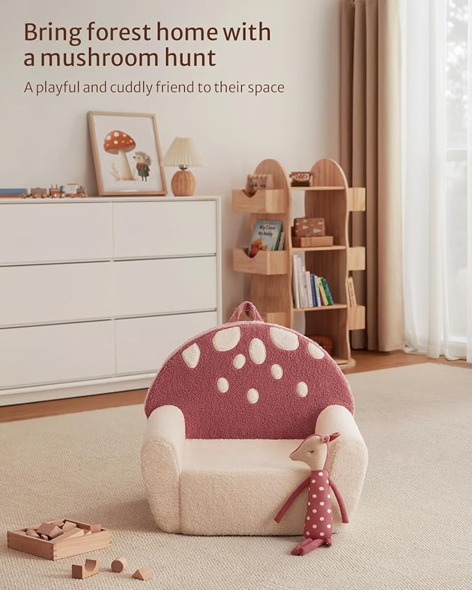 Blissful Diary Toddler Chair Comfy, Foam Kids Chair with Soft Teddy Plush, Toddler Reading Armchair with Cute Mushroom Designs- Rusty Red-NeatNest