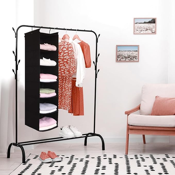 MAX Houser 6 Tier Shelf Hanging Closet Organizer, Closet Hanging Shelf with 2 Sturdy Hooks for Storage, Foldable (Black)-NeatNest