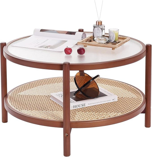 Tiita Rattan Nightstand Side Table, Bamboo Accent Bedside Tables, Glass Coffee Tables, Boho Wooden End Table with Storage for Small Space, Living Room and Bedroom