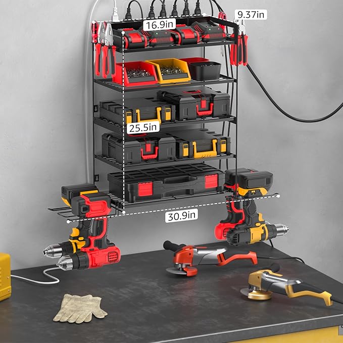 CCCEI Garage Tools Storage with Charging Station. Power Tool Battery Organizer Utility Shelf with Power Strip. 4 Drills Holder Wall Mount Rack, Black 5 Layer.-NeatNest