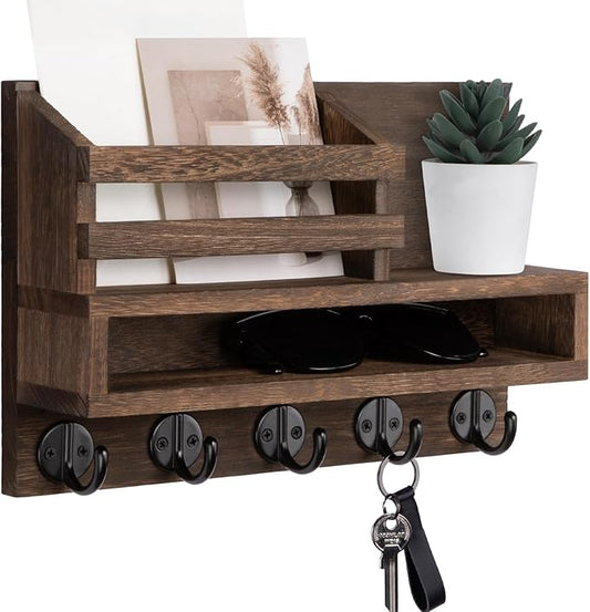 Key and Mail Holder Wall Mount, Key Hanger with Long Storage Box and 5 Hooks for Coat, Dog Leash, Home Decor Rack, House Accessories, Entry Way Organizer 11.8”W x 7.8”H x 3.2”D