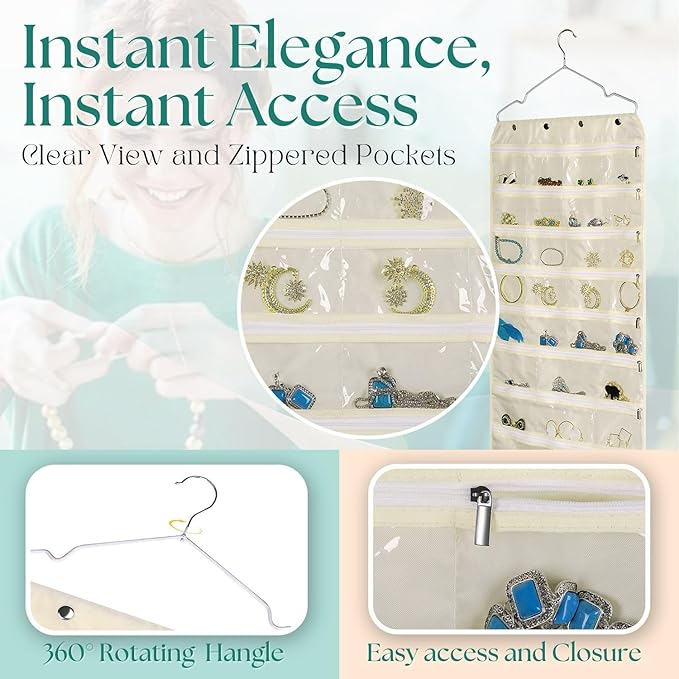 Flexzion Hanging Jewelry Organizer with Zippered Pockets - (1 Pack) Beige Closet Jewelry Organizer Storage with Hanger, 56 Pockets Dual Sided Earring Organizer Hanging for Bracelet, Watches, Ring-NeatNest